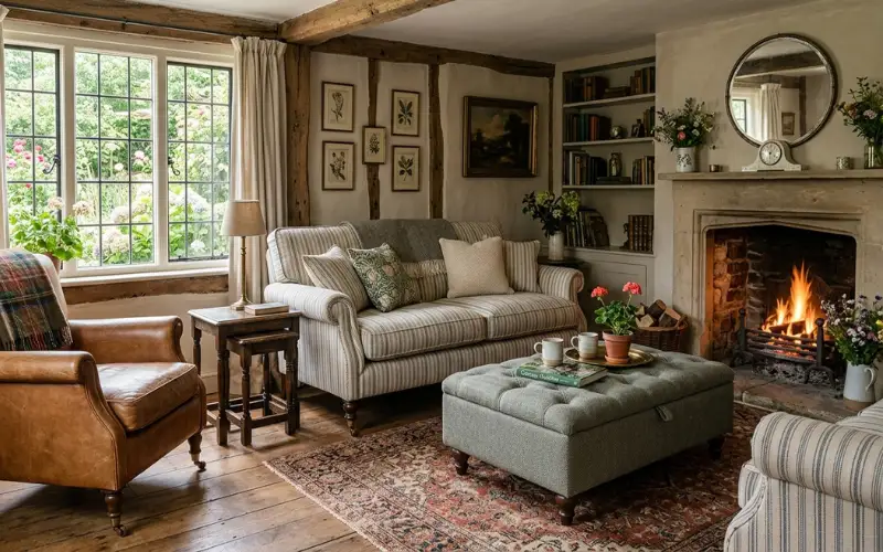 Compact cottage seating arrangement, Howard-style sofa, armchair, nesting tables, storage ottoman, floating furniture layout, vintage cottage decor