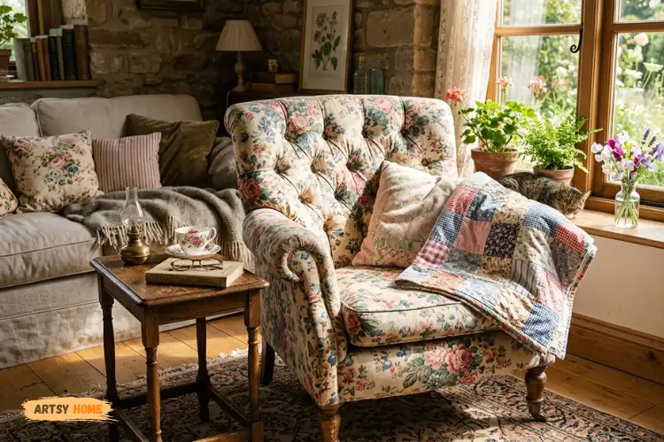 Floral tufted armchair with quilt blanket, cozy cottagecore sofa setup, warm sunlight, vintage decor.