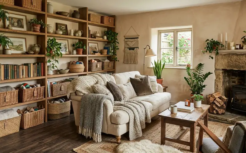Small cottage living room with built-in shelves, wicker baskets, plants, chunky knit throws, layered textures, organized rustic space
