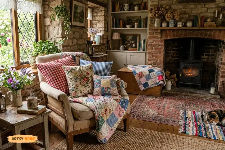 Mixed floral and gingham cushions, layered quilts and rugs, cozy cottagecore interior design