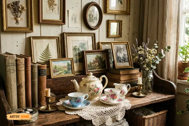 Thrifted vintage cottagecore decor, antique frames, old books, ceramic tea set.