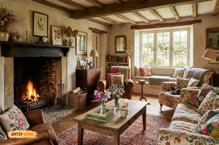 Rustic cottage living room with vintage furniture, floral cushions, warm natural lighting.