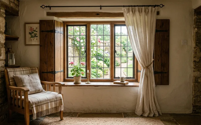 Small cottage windows with linen curtains, wooden shutters, soft daylight, neutral tones, cozy English cottage room