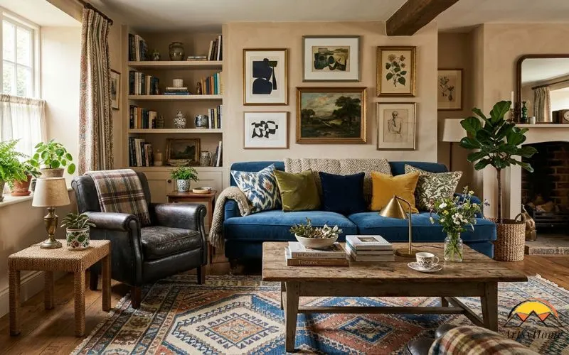 Realistic layered interior design with multiple textures and patterns, patterned rug, cushions, curtains, artwork