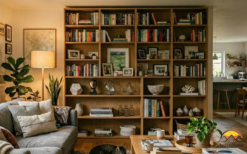 tyled bookshelf in a modern home, decor arranged in groups of three and five, books, vase, sculpture, different heights
