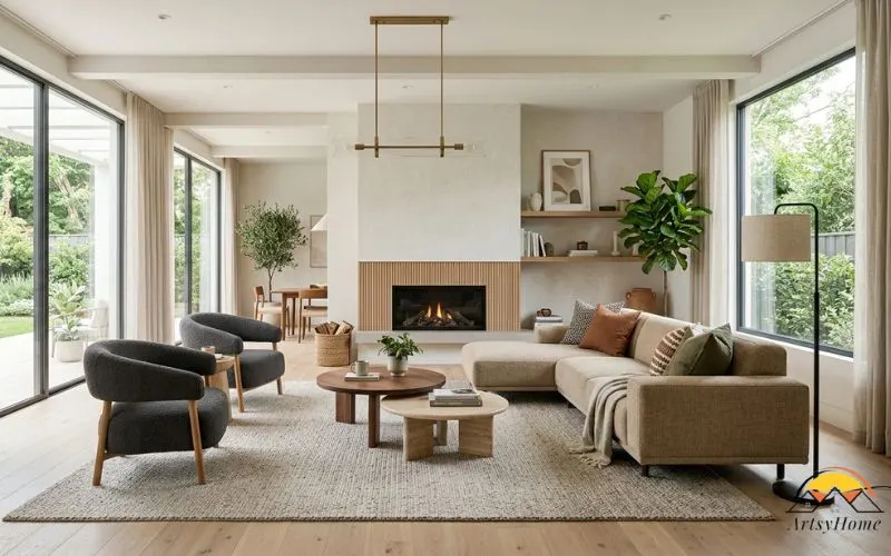 realistic modern living room showing balanced interior design elements, open space, furniture shapes, layered lighting