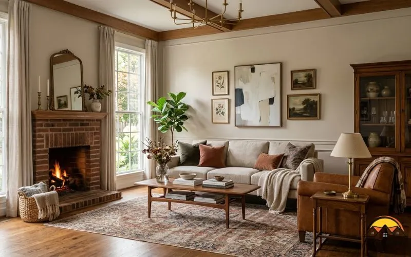 Realistic living room mixing modern and vintage interior styles, contemporary sofa with vintage wooden furniture