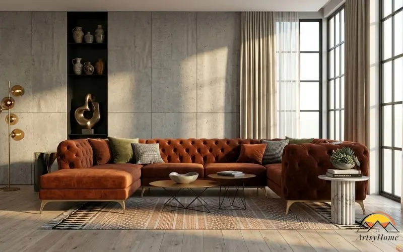 A modern living room featuring a large, burnt-orange velvet tufted sectional sofa, raw concrete wall panels, and floor-to-ceiling windows with warm afternoon sunlight.