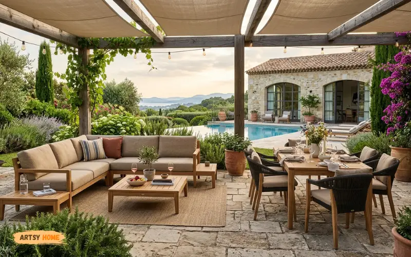Premium teak Gloster outdoor furniture in luxury garden patio.