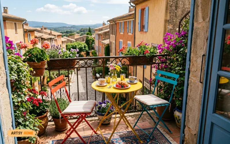 Colorful Fermob bistro furniture on charming small balcony.