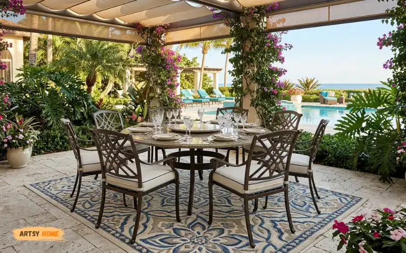Luxury Brown Jordan inspired outdoor dining set on elegant resort-style patio.