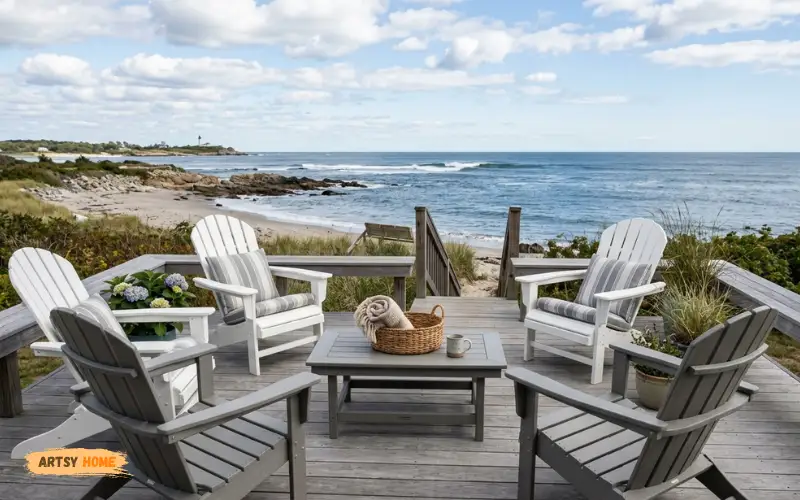 Recycled HDPE POLYWOOD patio chairs on coastal backyard deck.