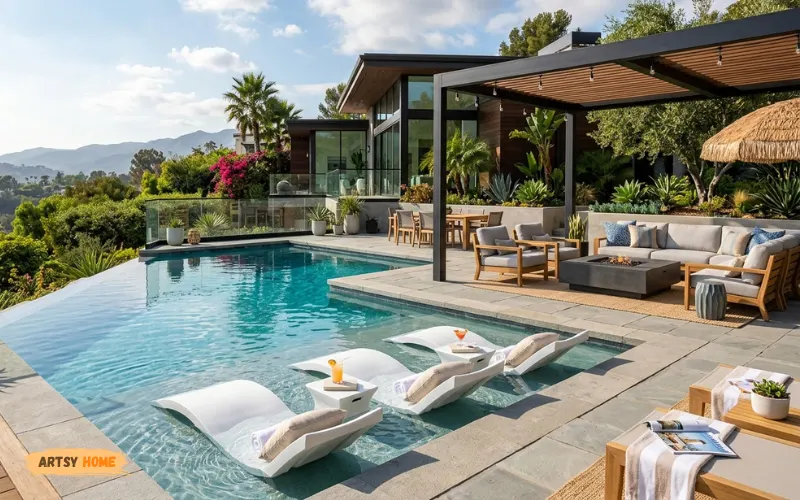 Modern pool patio with in-pool loungers and luxury outdoor seating.