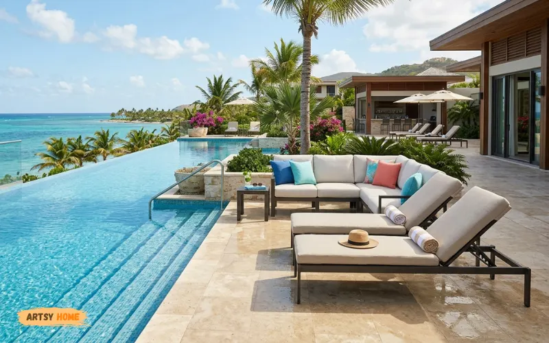 Resort-style Tropitone outdoor lounge seating beside modern pool.