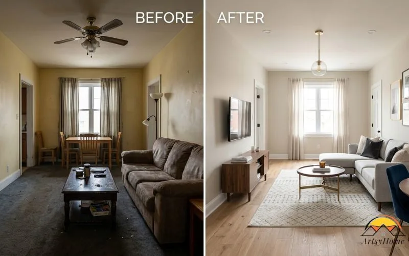 Realistic interior renovation progression, small budget room refresh to premium home makeover, new paint, lighting, furniture upgrades, before and after concept