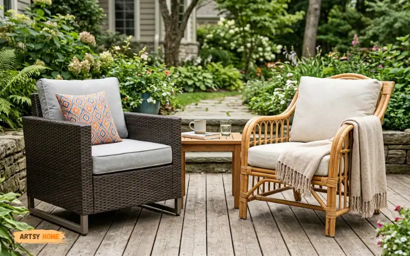 HDPE wicker patio chair beside natural rattan furniture comparison outdoors.