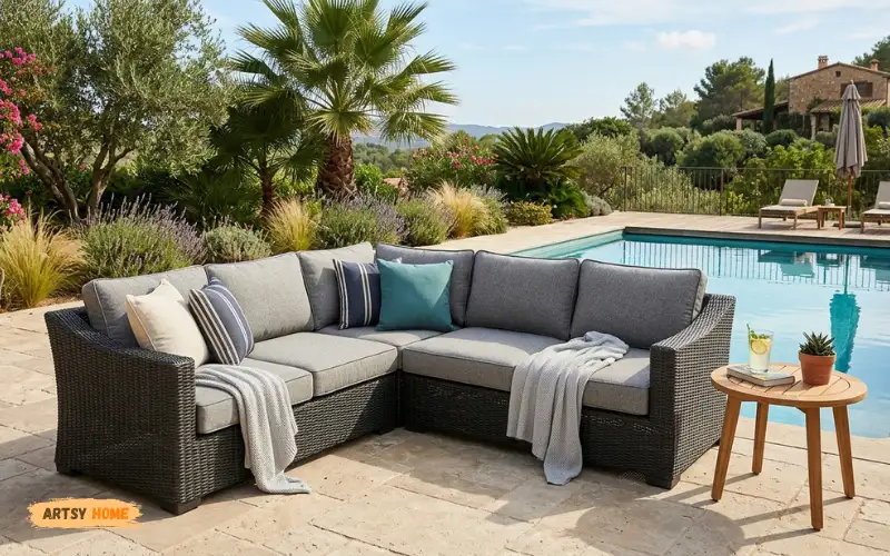 Outdoor sofa with premium weatherproof cushions beside poolside patio.
