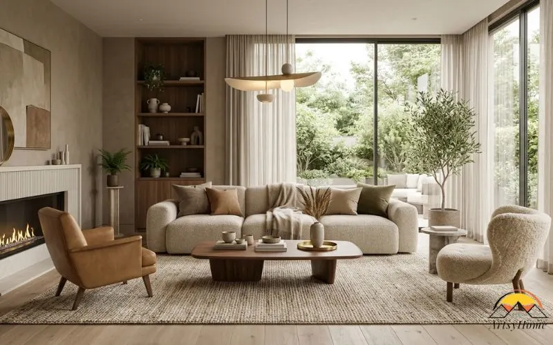Ultra realistic warm neutral living room interior
