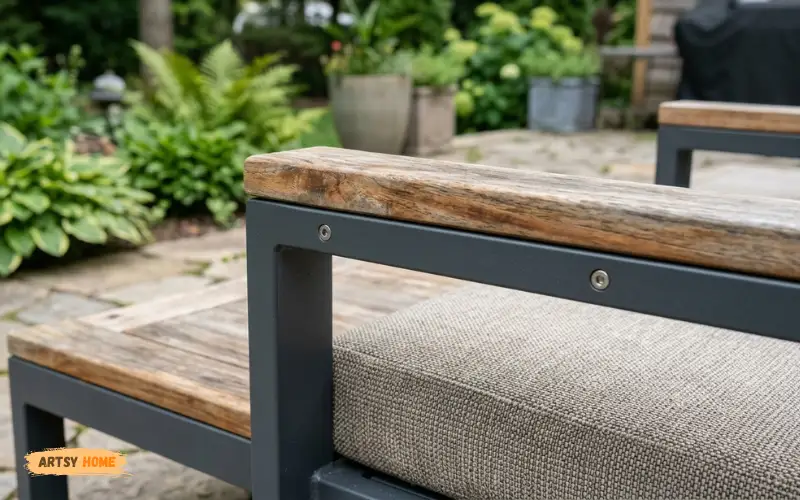 Close-up of powder-coated aluminum and teak patio furniture outdoors.