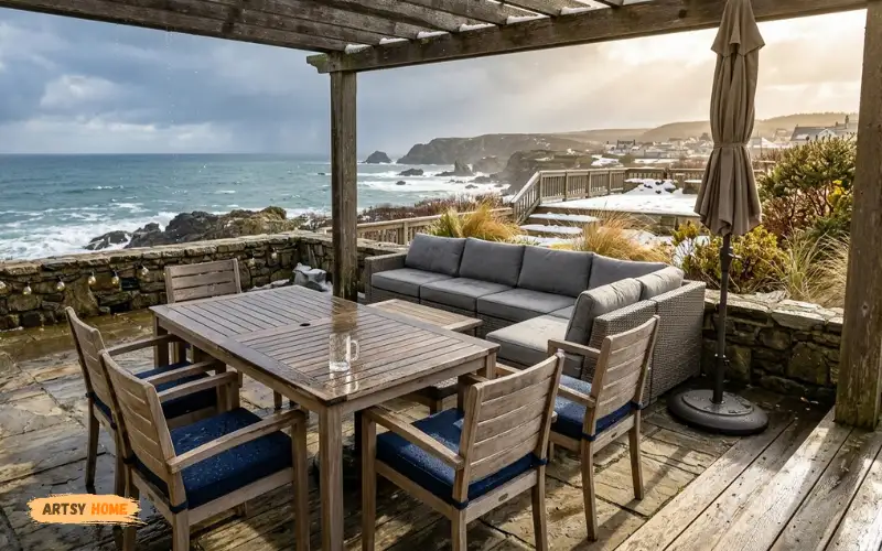 Outdoor patio furniture surviving rain, sun, snow, and coastal weather.