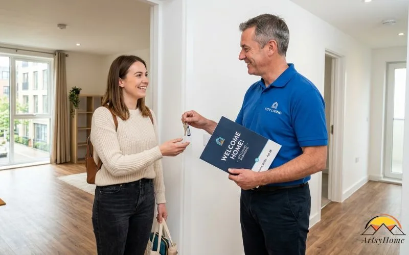 Realistic modern apartment move-in scene, new tenant entering a clean rental home while receiving a welcome folder and keys from a friendly landlord