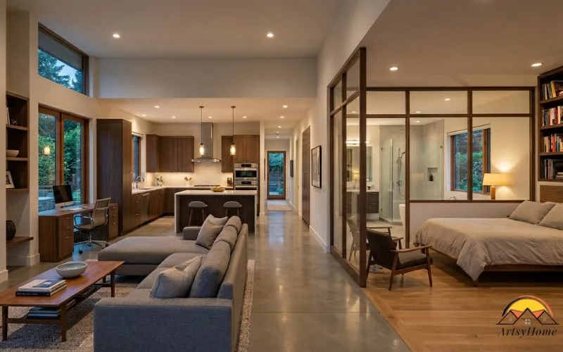 Realistic modern home with multiple connected rooms, living room, kitchen, bedroom, bathroom, and office visible