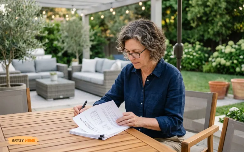 Customer reviewing outdoor furniture warranty papers with patio furniture background.