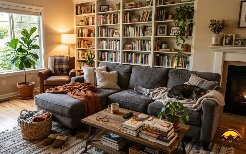 realistic modern home interior, cozy lived-in living room with comfortable sofa, warm lighting, indoor plants, textured fabrics, books, personal decor, natural family atmosphere, not a showroom, practical and welcoming interior design photography