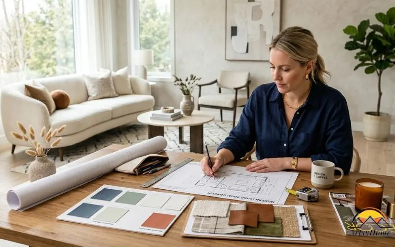 Realistic interior designer workspace showing home design planning, color palette samples, furniture layout sketches, fabric textures, decor objects arranged on table