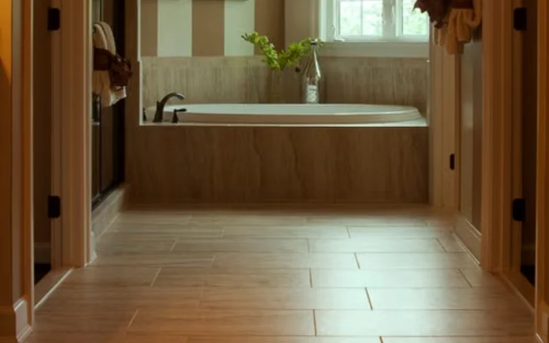 Tile flooring leading to bathtub in modern bathroom.