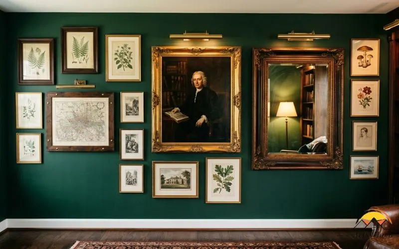 Realistic photograph of a dark green study wall styled with a densely hung but organized gallery arrangement: an oil painting in a gilt frame centered at eye level, smaller antique botanical prints and an old map around it