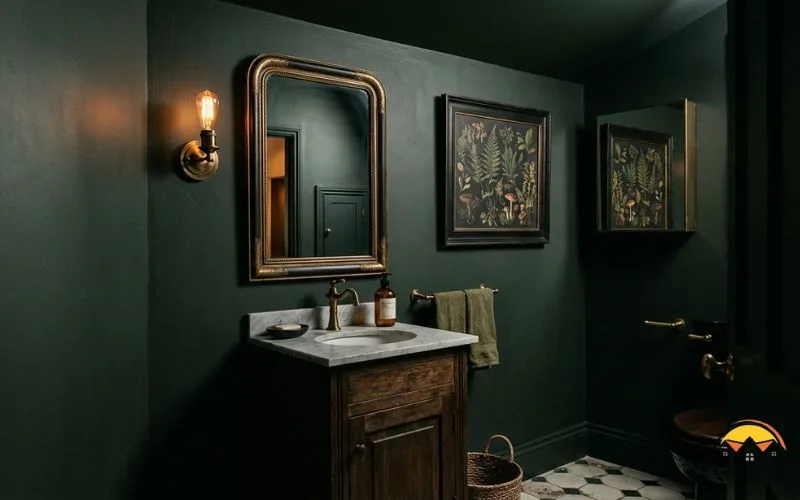 Realistic photograph of a small powder room color-drenched in deep charcoal-green, an antique-style framed mirror, a single brass wall sconce at eye level