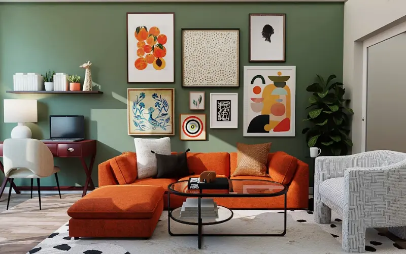 Bold Rooms for Bold Living Bold living room with orange sectional sofa, gallery wall art, and green accent wall.