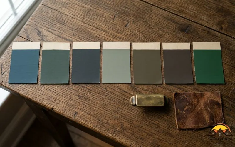 Realistic flat-lay photograph of paint swatches on a wooden table: Farrow & Ball Down Pipe, Studio Green, Railings, Sherwin-Williams Pewter Green, Urbane Bronze, Black Fox, Benjamin Moore Hunter Green, arranged
