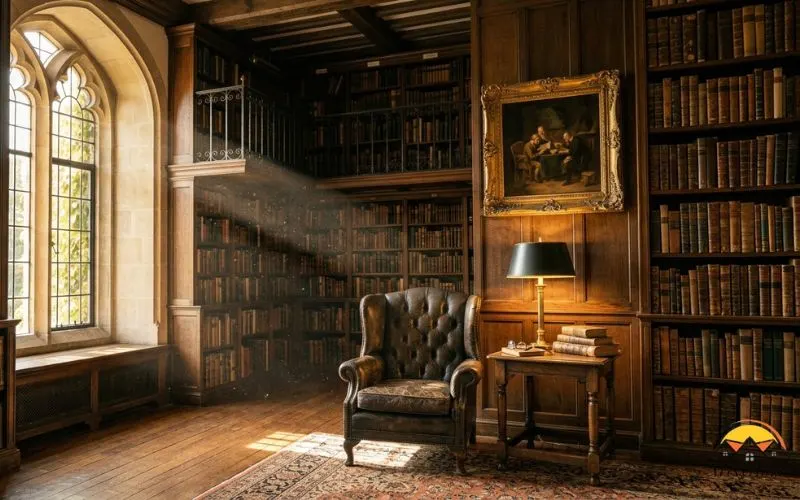 Realistic interior photograph of a private university library reading room, floor-to-ceiling dark wood bookshelves packed with worn leather-bound books, a leather Chesterfield armchair beside a tall arched window