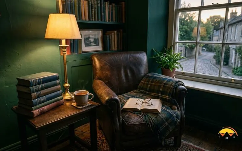 Realistic photograph of a timeless dark academia reading nook at dusk, deep green drenched walls, an aged leather armchair, a stack of well-worn classic hardcover books, a brass lamp glowing warm, a cup of tea on a side table