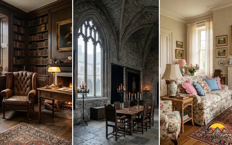 Three-panel realistic interior photograph comparison: first panel a cozy dark academia study with leather chair, books, and brass lamp; second panel a gothic hall with wrought iron candelabra, black velvet drapery, pointed arch window