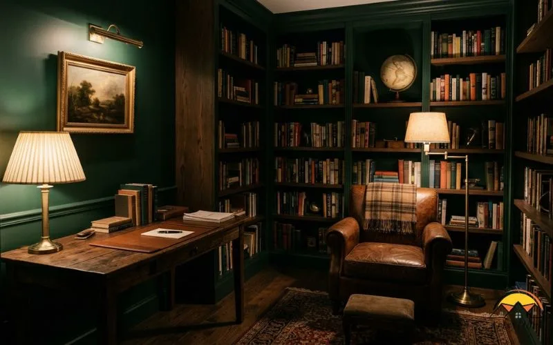 photograph of a moody green study lit by three separate warm light sources: a pleated-shade table lamp, a brass floor lamp beside a leather armchair, and a small picture light over a framed print, no overhead lighting visible