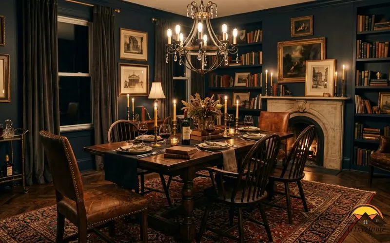 Realistic photograph of a dark academia dining room: color-drenched deep walls, a sturdy dark wood dining table, a mix of wood and leather chairs