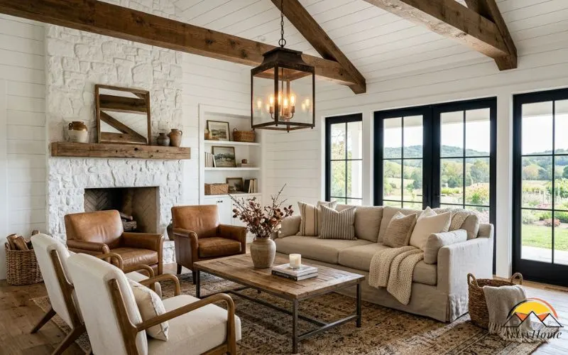 A detail-focused modern farmhouse interior showing an oversized aged brass lantern pendant light hanging above wide-plank white oak flooring in a matte natural finish