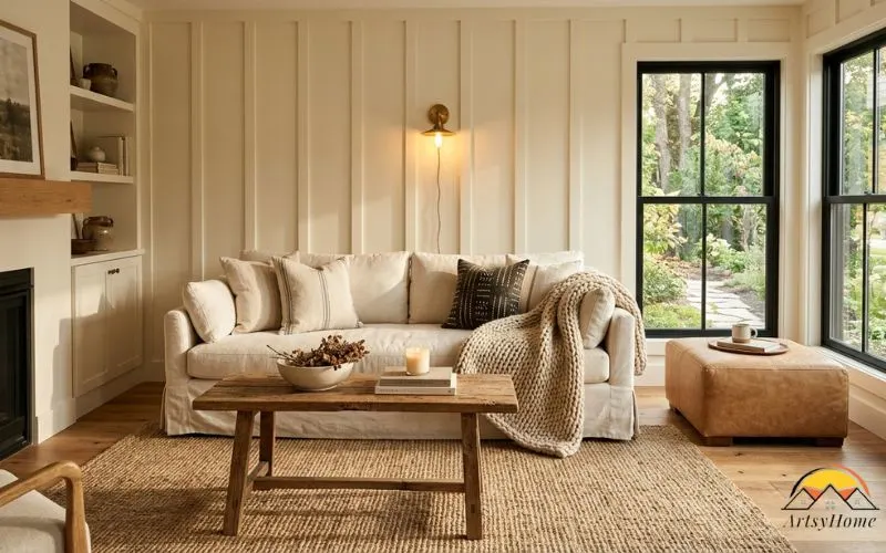 A cozy modern farmhouse living room with a linen slipcovered sofa, a tan leather ottoman, jute area rug large enough that furniture legs rest on it