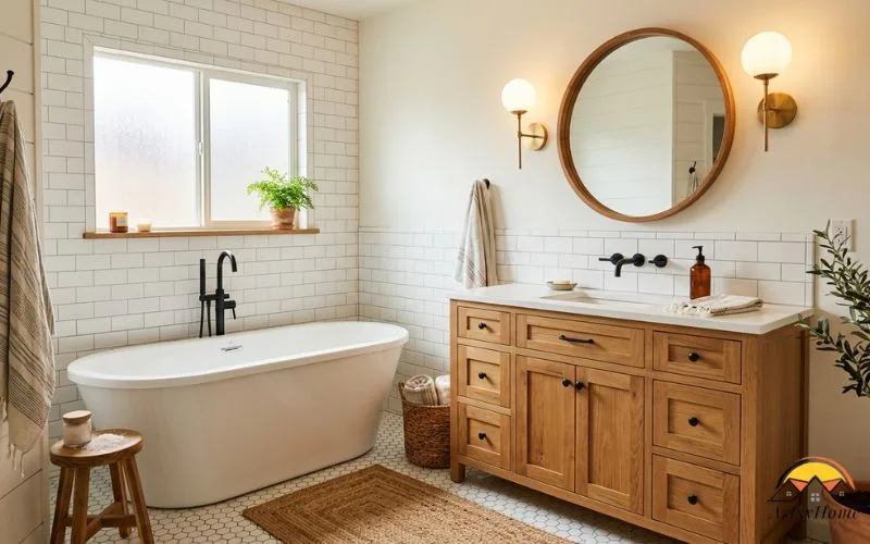 A modern farmhouse bathroom with white subway tile, a wood shaker vanity, matte black faucet and hardware, a warm brass wall sconce pair, a wood-framed round mirror
