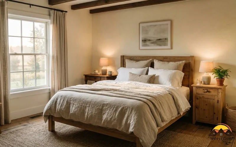 A serene modern farmhouse bedroom with layered tumbled linen bedding in oatmeal and soft white, a natural wood bed frame, mismatched wood nightstands