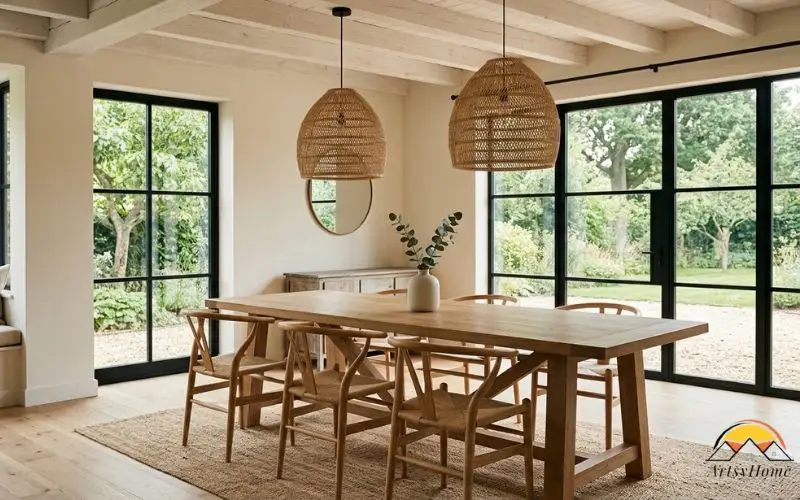 A modern farmhouse dining room with a solid wood trestle table, simple wishbone chairs, a pair of oversized woven pendant lights overhead