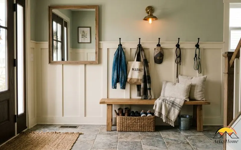 A functional modern farmhouse entryway with a wood bench, a row of matte black iron wall hooks, board-and-batten paneling on the lower wall