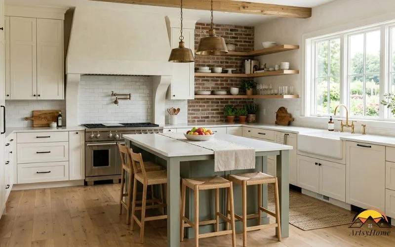 A modern farmhouse kitchen with warm white shaker cabinets, a Pewter Green (muted sage) island, white quartz countertops, a large single-basin fireclay apron-front farmhouse sink