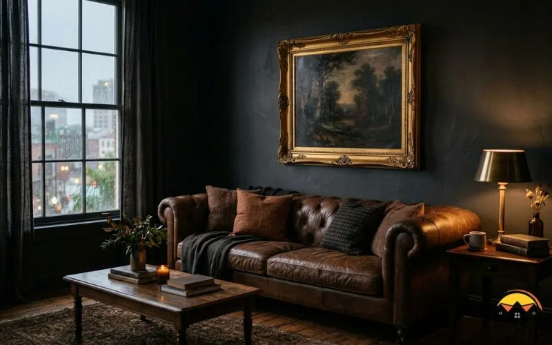 realistic image of a sofa place in a dark aesthetic room, theere is a window, painting with golden frame, sofa has brownish theme
