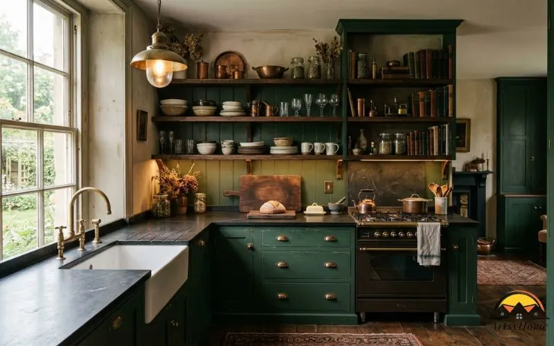 Realistic photograph of a dark academia kitchen: deep green painted cabinetry, aged unlacquered brass hardware and pulls, open wood shelving displaying ceramics and glassware, dark honed stone or butcher-block countertops