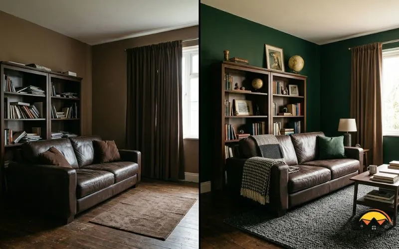 Realistic before-and-after style interior photograph: left half shows an all-brown room with brown sofa, brown curtains, brown shelving looking flat and monotone; right half shows the same room with one deep green accent wall and a charcoal rug added