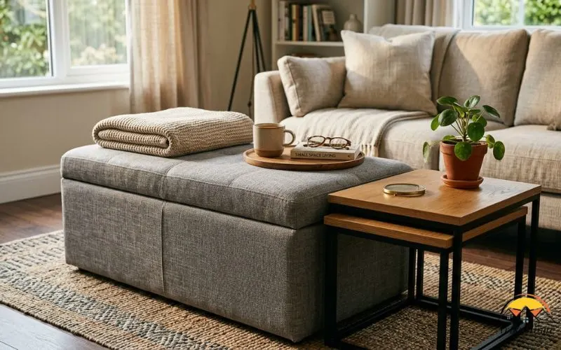  photograph of a storage ottoman used as a coffee table with a folded blanket on top, a nesting side table partly pulled out beside it